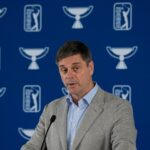 PGA Tour CEO Brian Rolapp speaks at the Tour Championship at East Lake Golf Club in Atlanta.