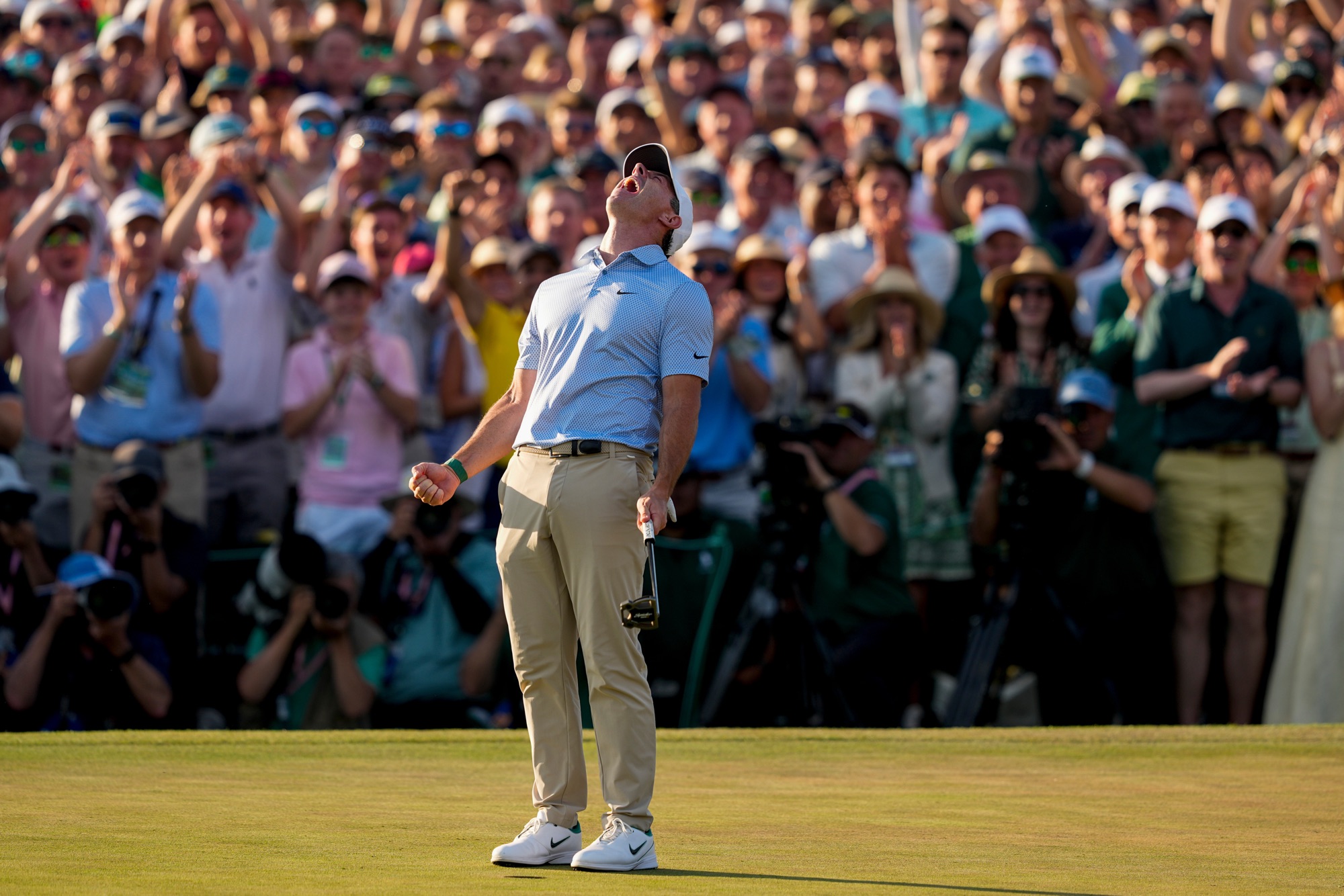 Rory McIlroy celebrates after winning the 2026 Masters golf tournament at Augusta National