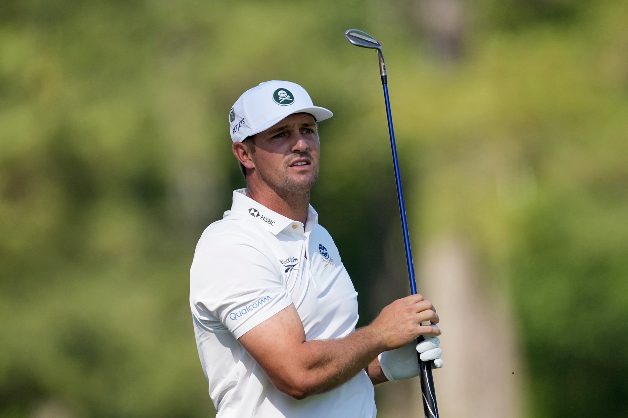 Bryson DeChambeau watches his tee shot during the second round of the Masters at Augusta National