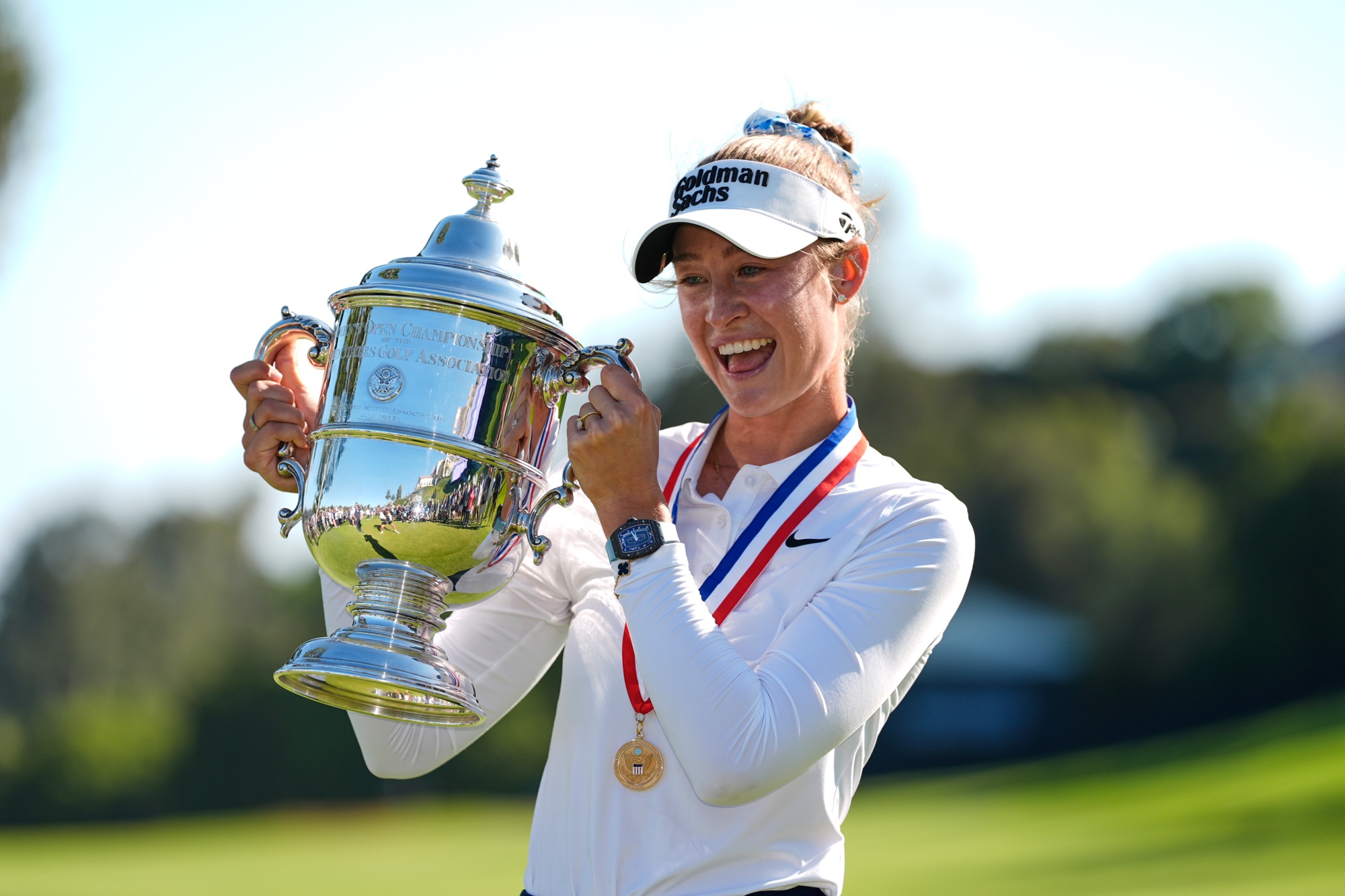 Nelly Korda holds the trophy after winning the 2026 U.S. Women's Open at Riviera Country Club