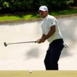 Brooks Koepka watches his putt on the 13th hole during the second round of the 2026 Masters at Augusta National