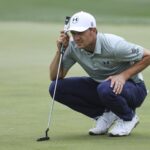 Jordan Spieth lines up his putt during the 2026 CJ Cup Byron Nelson golf tournament