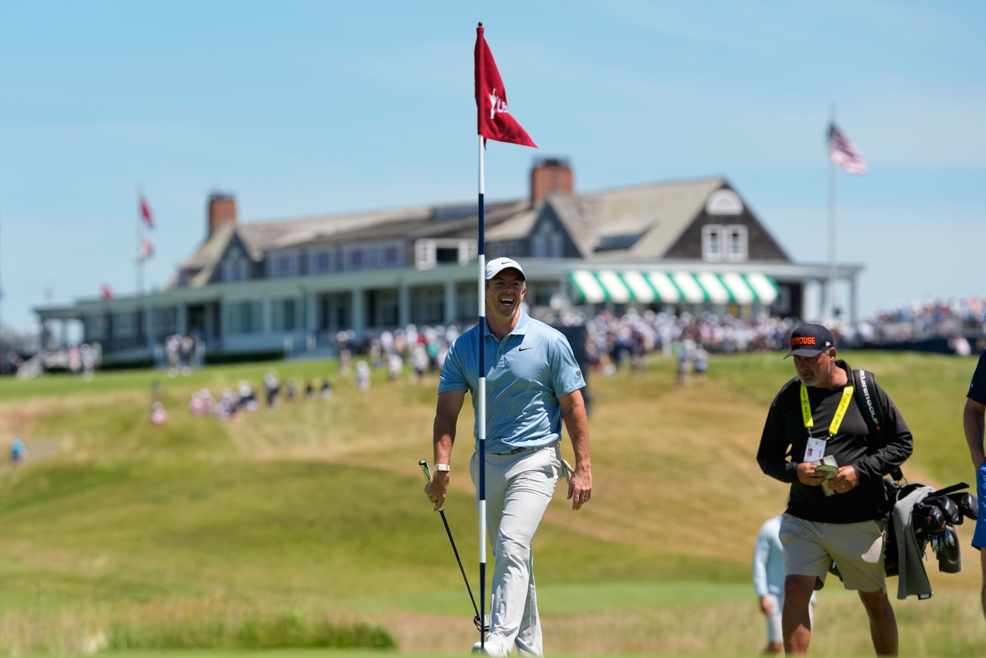 Rory McIlroy walks to the green during a practice round at the 2026 U.S. Open at Shinnecock Hills Golf Club