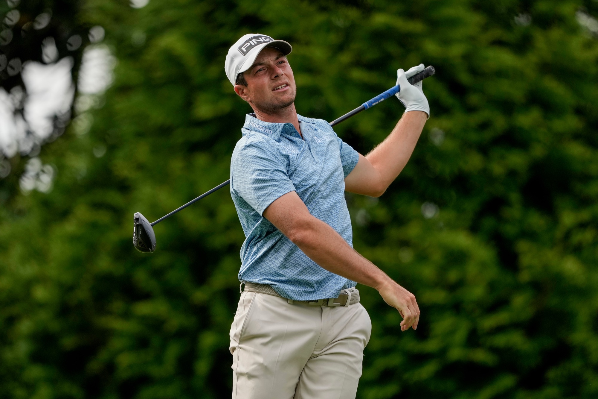 Viktor Hovland hits from the tee during the Truist Championship at Quail Hollow Club