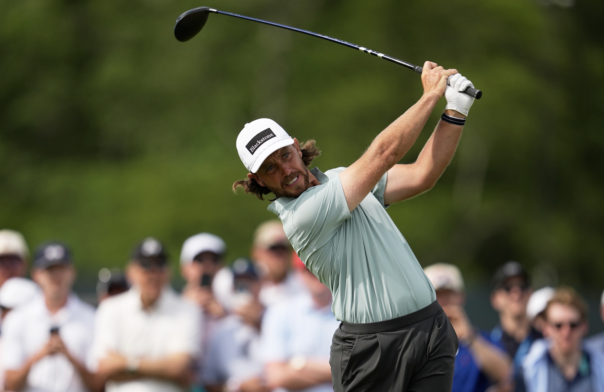 Tommy Fleetwood hits his tee shot during the second round of the 2026 U.S. Open at Shinnecock Hills Golf Club in Southampton, N.Y.