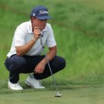Jackson Koivun lines up a shot on the ninth hole during the final round of the 3M Open golf tournament at the Tournament Players Club Sunday, July 26, 2026, in Blaine, Minnesota