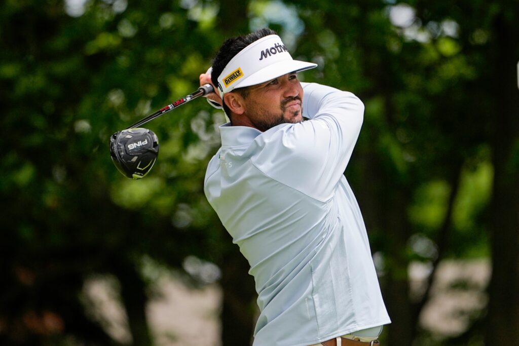 Jason Day hits from the tee during the PGA Championship at Aronimink Golf Club.