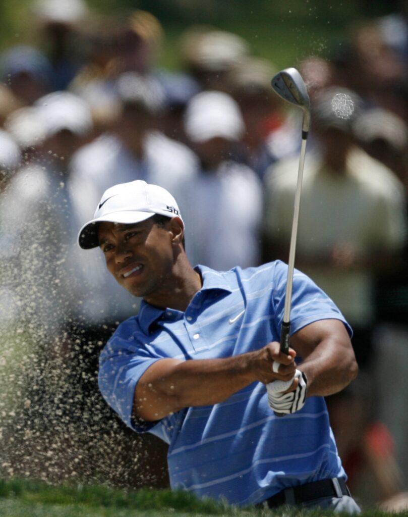 Tiger Woods hits a bunker shot at the 2008 U.S. Open at Torrey Pines