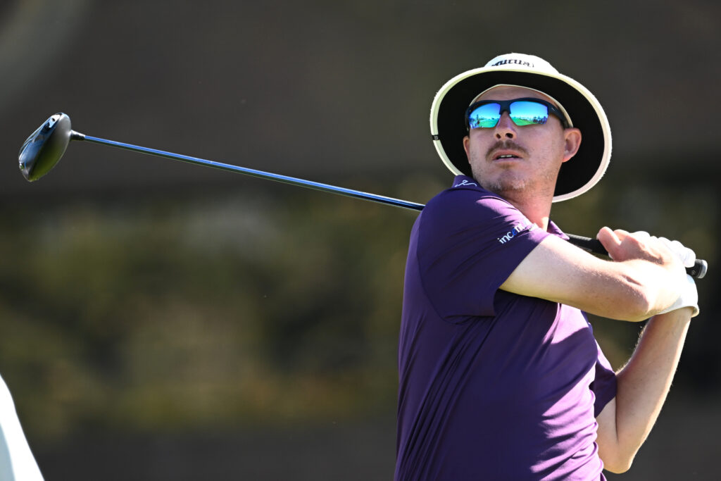 Joel Dahmen hits from the tee during the 2026 Farmers Insurance Open at Torrey Pines