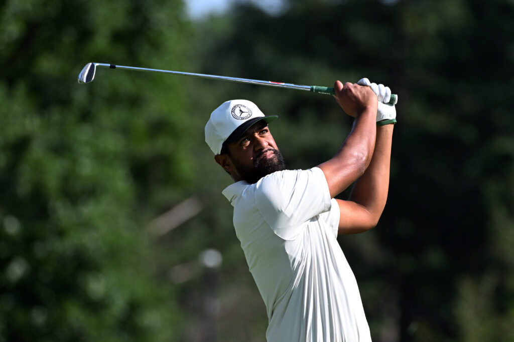 Tony Finau hits from the tee during the Rocket Classic at Detroit Golf Club.