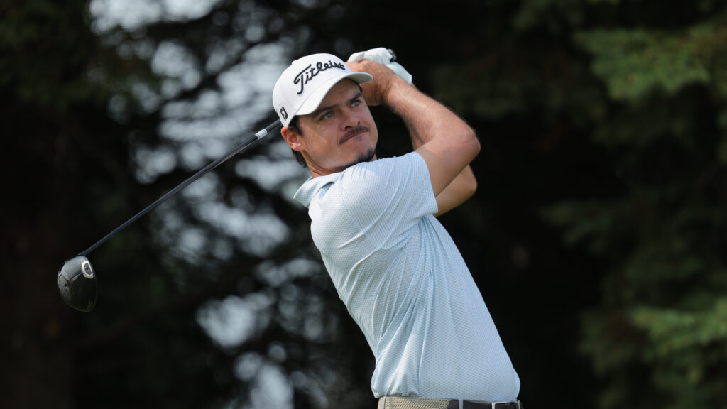 Kristoffer Ventura hits a tee shot at the 3M Open