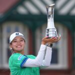 Shiho Kuwaki holds the trophy after winning the AIG Women's Open at Royal Lytham & St Annes