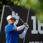 Bryson DeChambeau hits from the 16th tee during LIV Golf Bedminster at Trump National Golf Club.