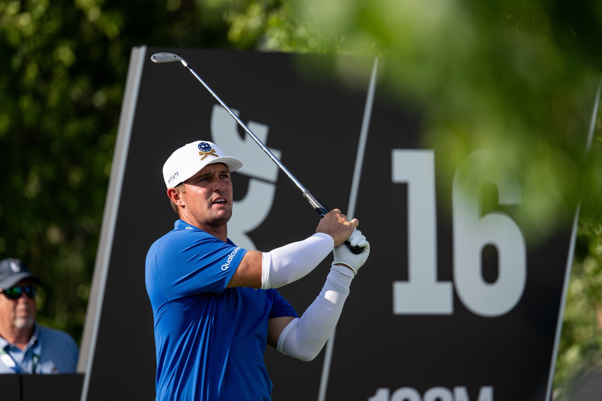 Bryson DeChambeau hits from the 16th tee during LIV Golf Bedminster at Trump National Golf Club.