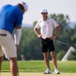 Joaquín Niemann on the green at LIV Golf New York at Trump National Golf Club in Bedminster, New Jersey