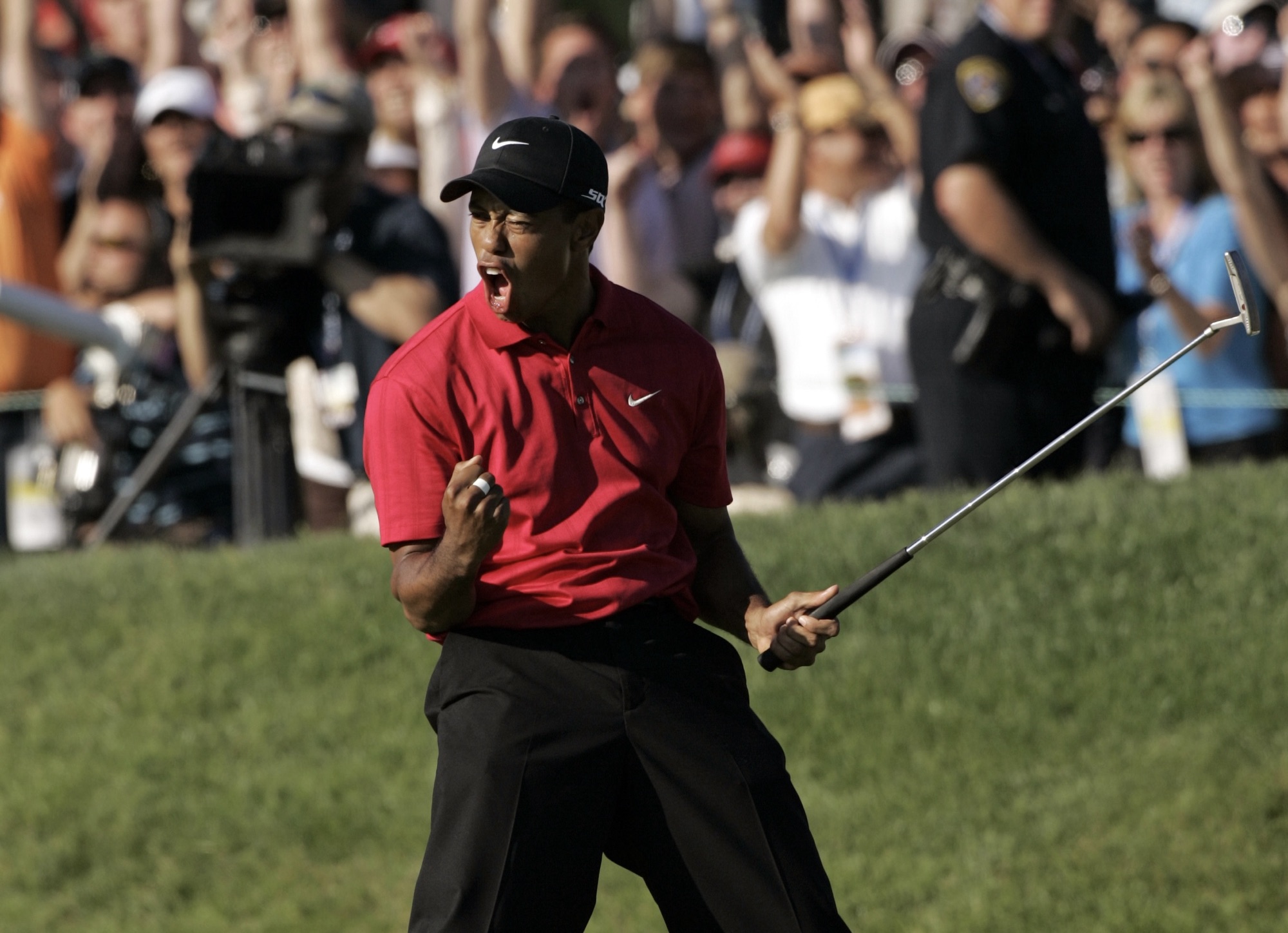 Tiger Woods reacts after a birdie putt at the 2008 U.S. Open at Torrey Pines
