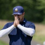 Bryson DeChambeau reacts to a putt during LIV Golf Bedminster