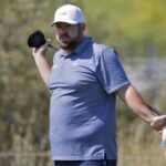 Colt Knost stretches on the second tee during the final round of the Scottsdale AZ Open golf tournament Thursday, May 14, 2020, in Scottsdale, Ariz.