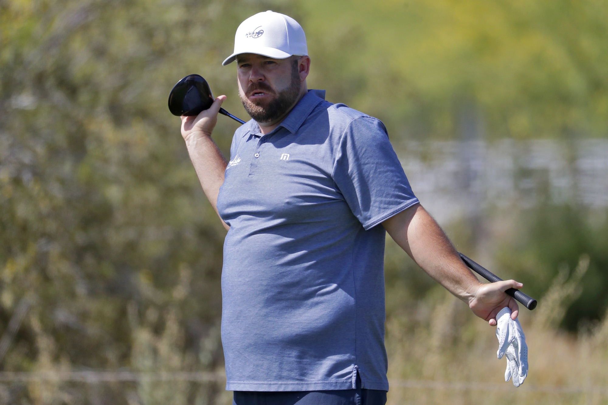 Colt Knost stretches on the second tee during the final round of the Scottsdale AZ Open golf tournament Thursday, May 14, 2020, in Scottsdale, Ariz.