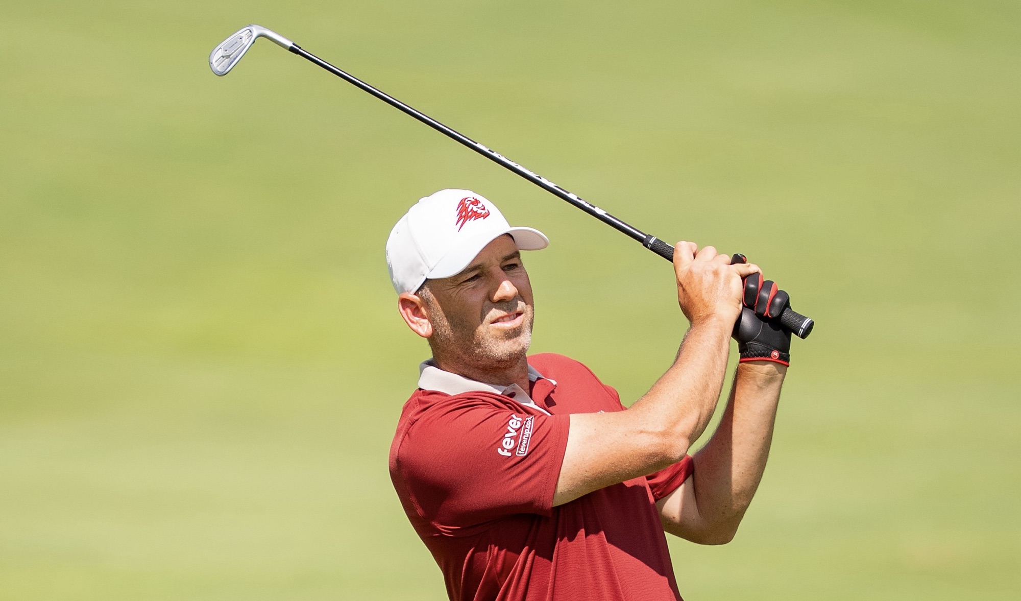 Sergio Garcia hits his shot on the fourth hole during the final round of LIV Golf Indianapolis at The Club at Chatham Hills