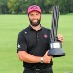 Jon Rahm with the LIV Golf season-long championship trophy at LIV Golf Indianapolis in 2026