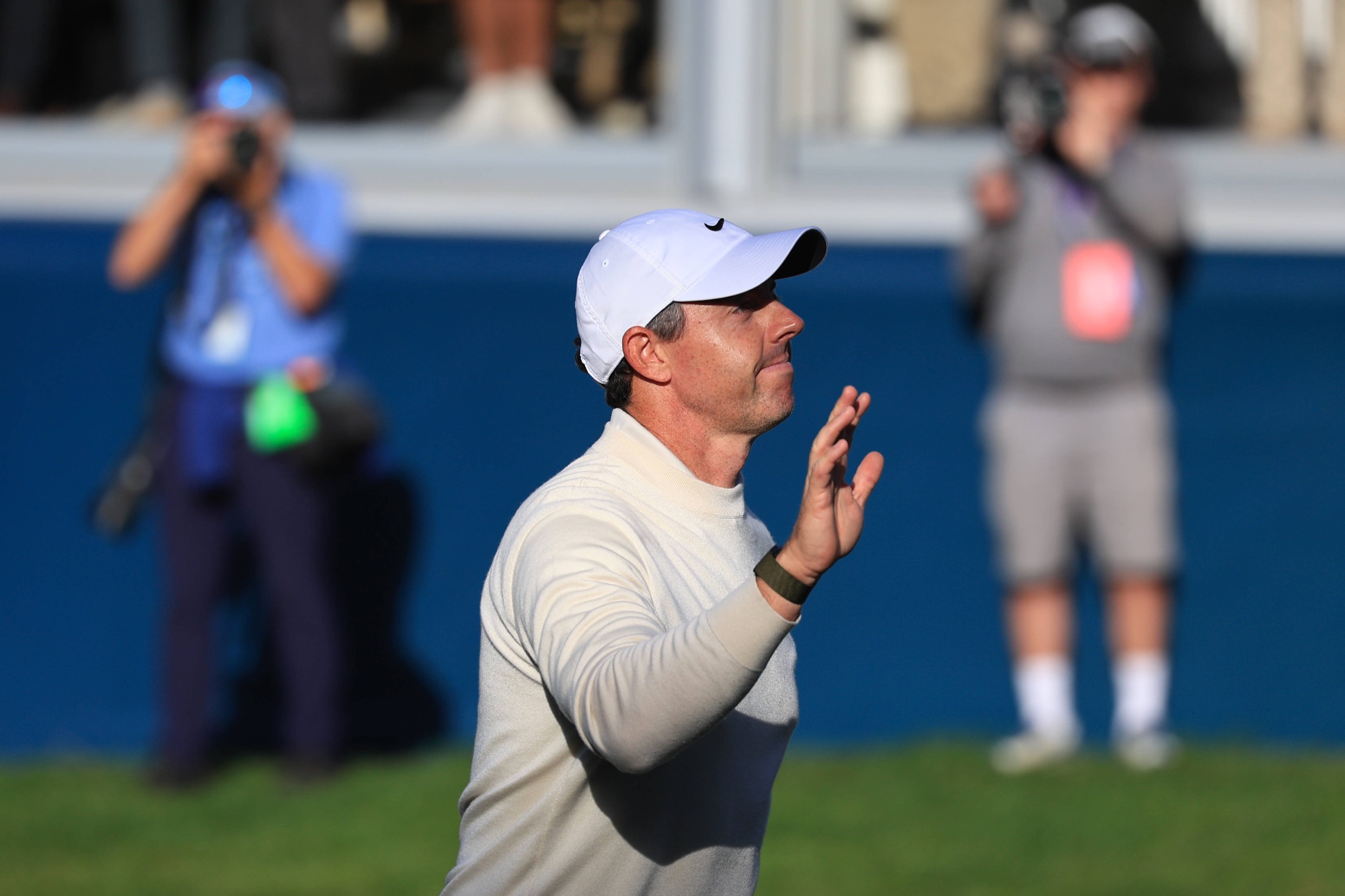 Rory McIlroy acknowledges the crowd on the 18th hole at the 2026 BMW PGA Championship at Wentworth