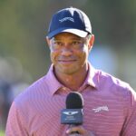 Tiger Woods talks to the crowd after the final round of the 2026 Genesis Invitational at Riviera Country Club