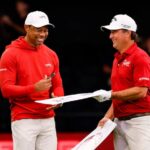 Kevin Kisner and Tiger Woods during a TGL match for Jupiter Links Golf Club