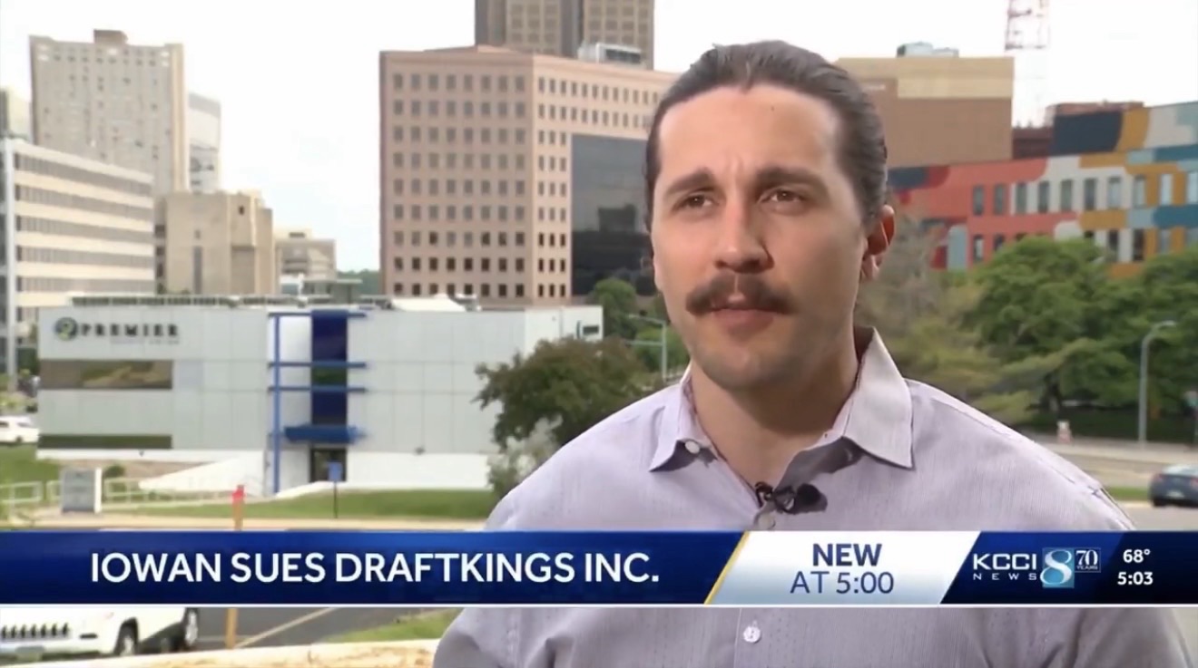 Ben Lynch, attorney for bettor Nicholas Bavas, speaks during a TV news interview about the Pebble Beach parlay lawsuit