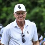 Greg Norman watches the final round of LIV Golf Nashville at The Grove in College Grove, Tennessee in 2024