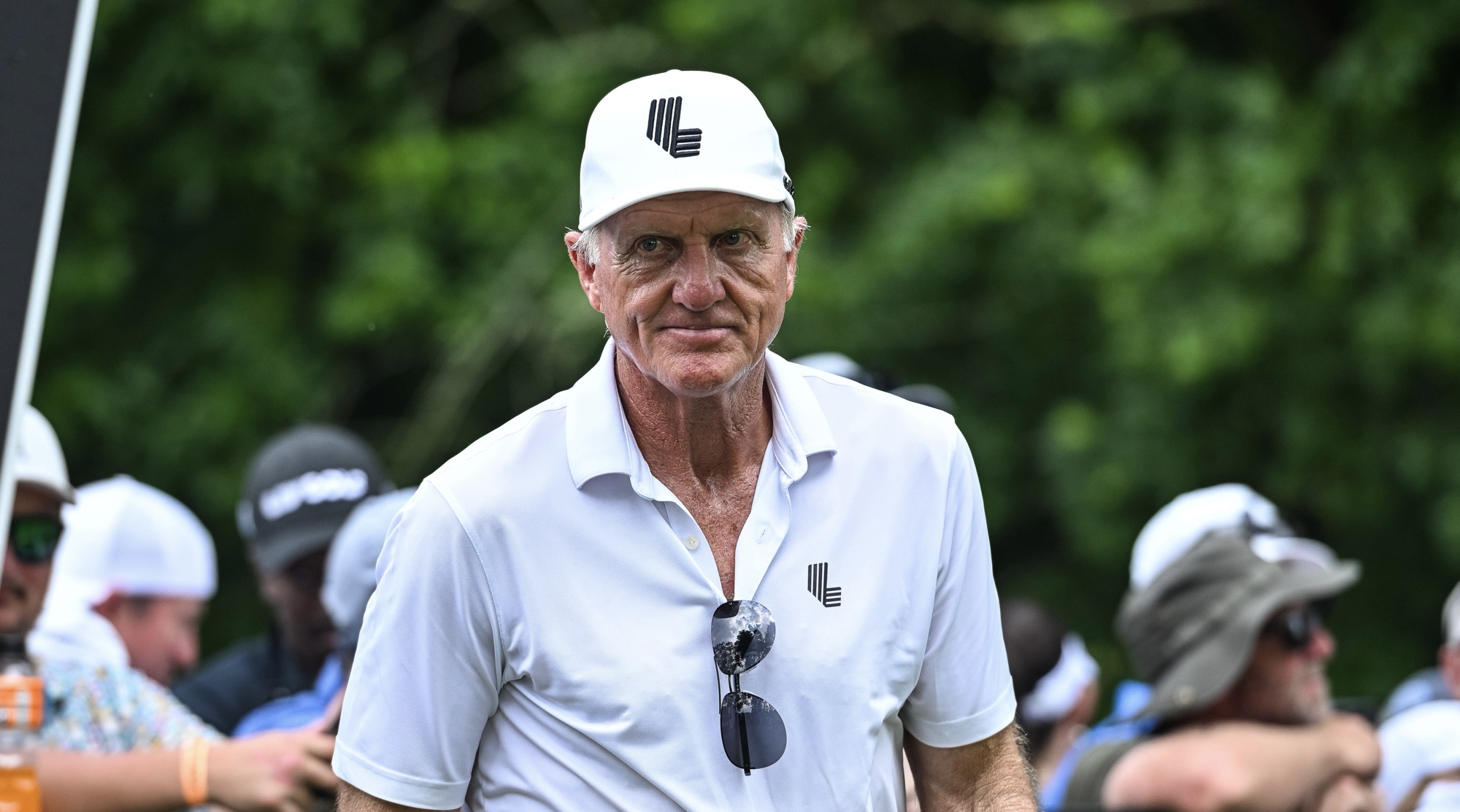 Greg Norman watches the final round of LIV Golf Nashville at The Grove in College Grove, Tennessee in 2024